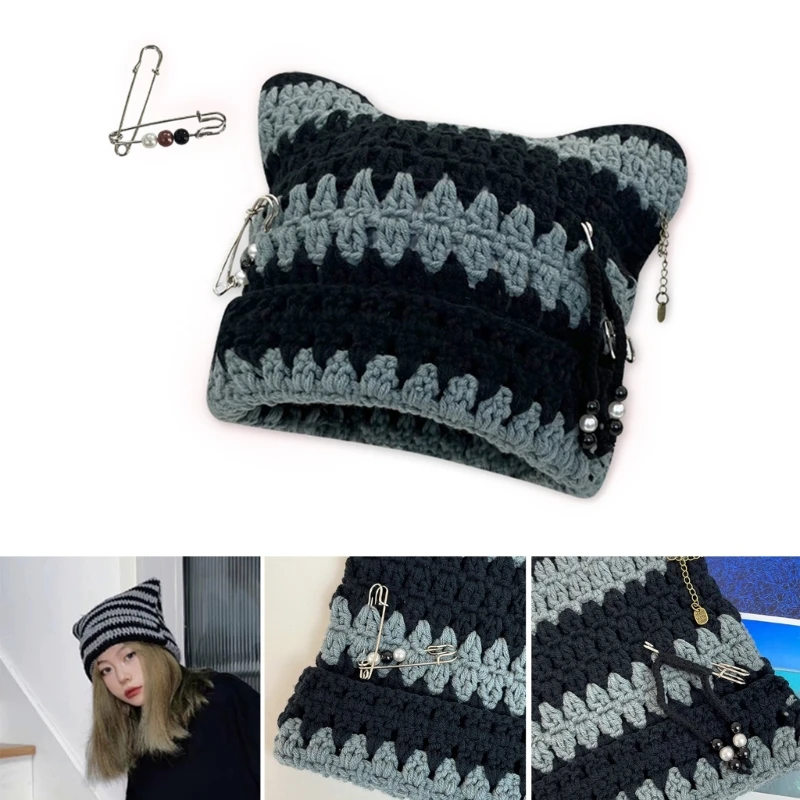 Y2k Handmade Cat Ear Shape Hat Knit Winter Windproof Hat with Paper Clip Decor M6CD