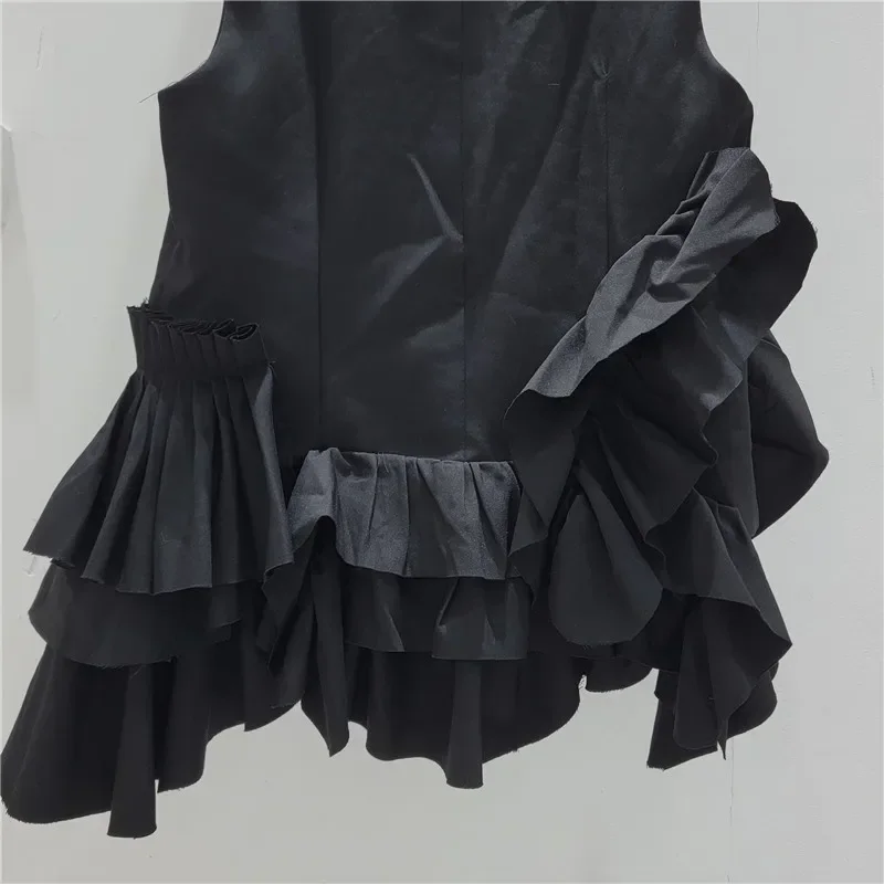 

Irregular Ruffles Design Black Short Suit Vest Spring Summer New Fashion Ruched Casual Waistcoat Women Slim Sleeveless Jacket
