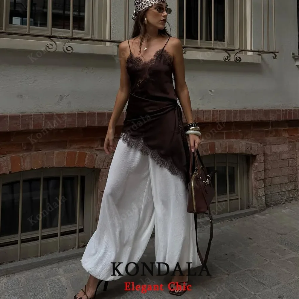 女性用セクシーベージュブラウン万能キャミレースドレスアシンメトリーショートドレス2025秋ファッションホリデーパーティーハイストリートドレス