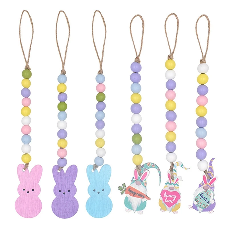 

6 Pieces Easter Wood Bead Garland With Tassels Decors With Wooden Rabbit And Dwarf Tag For Holiday Tiered Tray Decor