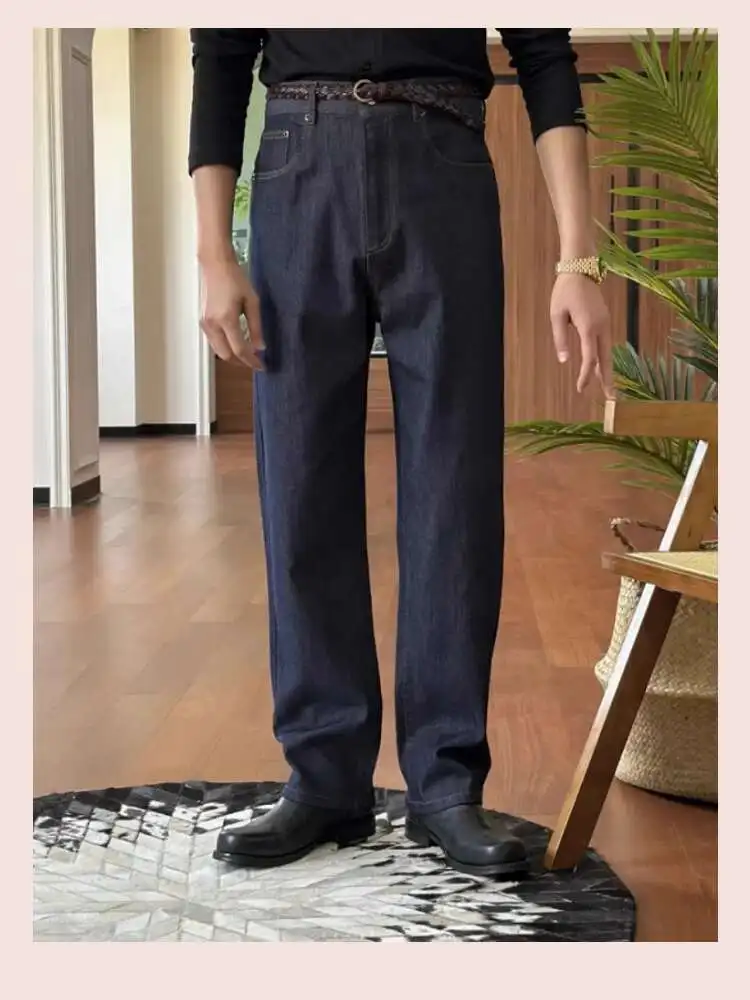 Estilo britânico premium lavado azul profundo denim calças versátil cintura alta calças de perna reta para homens pantalones hombre 2025
