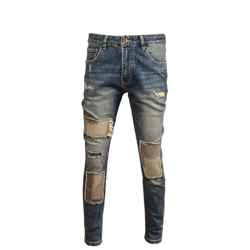 New Vintage Made Old Ripped Men'S Jeans Fashion Brand Straight Leg Slim Stretch Patch High-End Casual Denim Pants