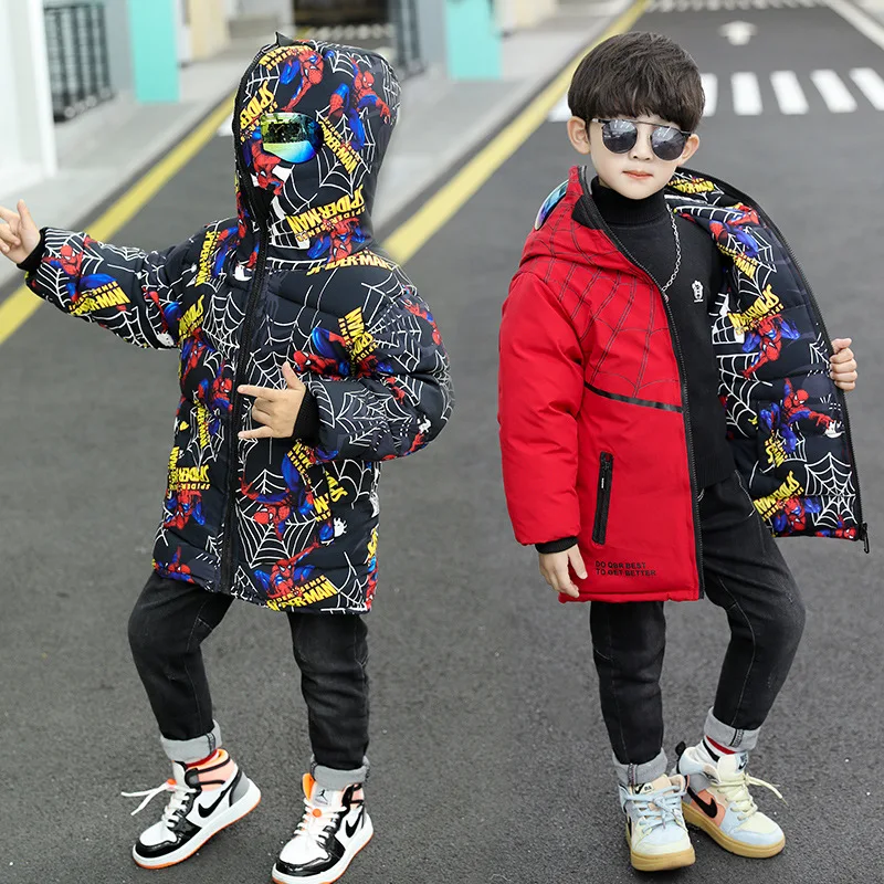 2024 Winter Boys Down Jackets Coats Clothes Teenage Spiderman Fashion Thicken Warm Snow Coat Children Hooded Long Parka Jacket