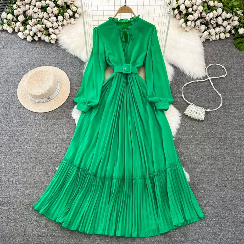 

Vintage Chic Stand Neck Pleated High Quality Vestido Autumn Winter Puff Sleeve Robe Femme Lace Up Slim Design Sense Dresses