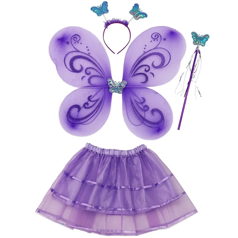 

Girl Performance RolePlay Butterflies Costumes Princess Fairy Wings Magic Wand Headband Skirt 4Pcs Halloween Cosplay Party Props