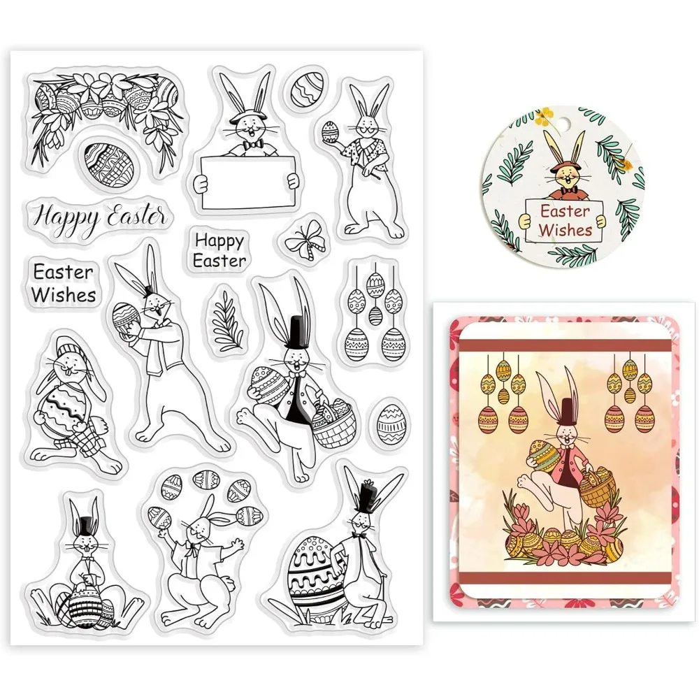 Eater Bunny Clear Stamps Easter Egg Silicone Stamps Easter Wishes Rubber Transparent Seal Stamps for Card Making DIY