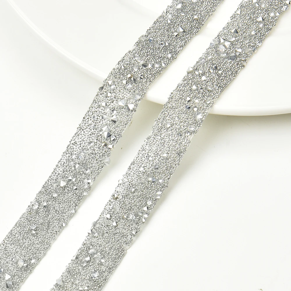 Hot Fix Rock Diamond Crystal Ribbon Trimming 1.5cm Width Rhinestone Chain Tape Iron on Round Caviar Beads Banding for Dress DIY