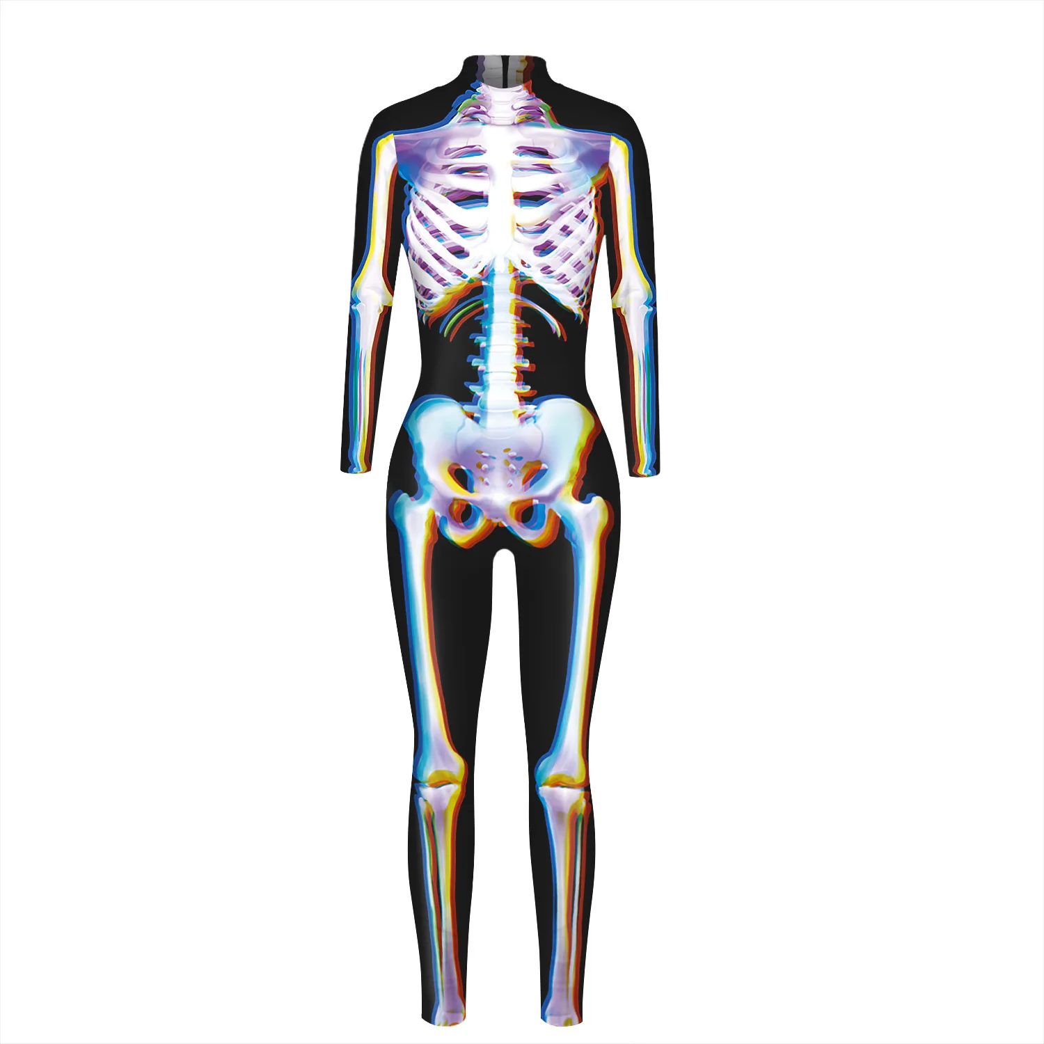 Festtags-Karnevalskostüm Skelett-Bedruckte Bodysuits für Frauen Bunte Halloween-Cosplay-Jumpsuits Zentai-Catsuit – Detail 7