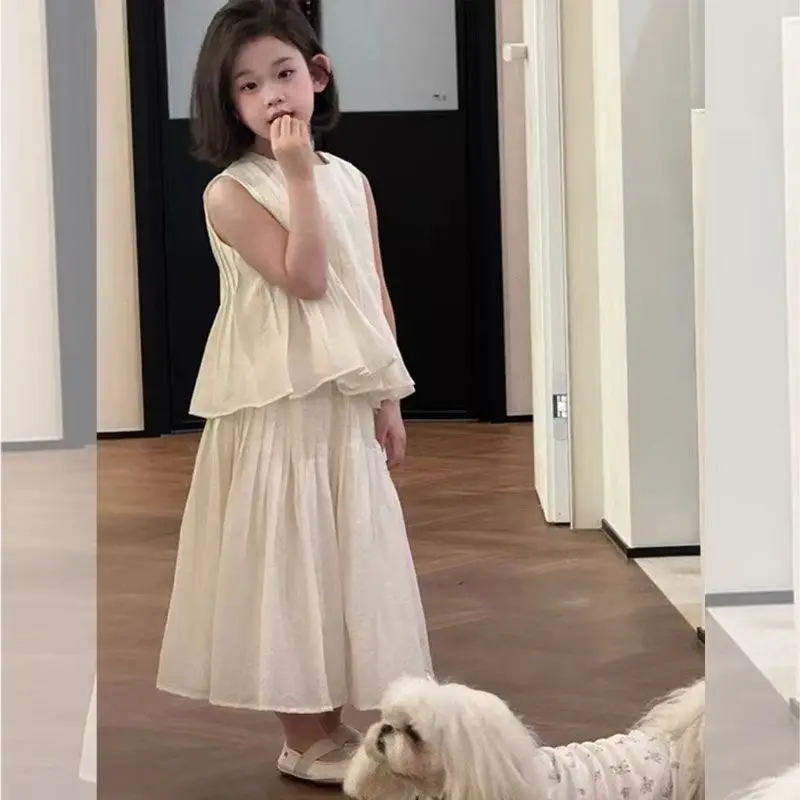 

Детские комплекты, модный корейский модный комплект для девочек, новая летняя рубашка с развевающимися рукавами, брюки в клетку, комплект из 2 предметов