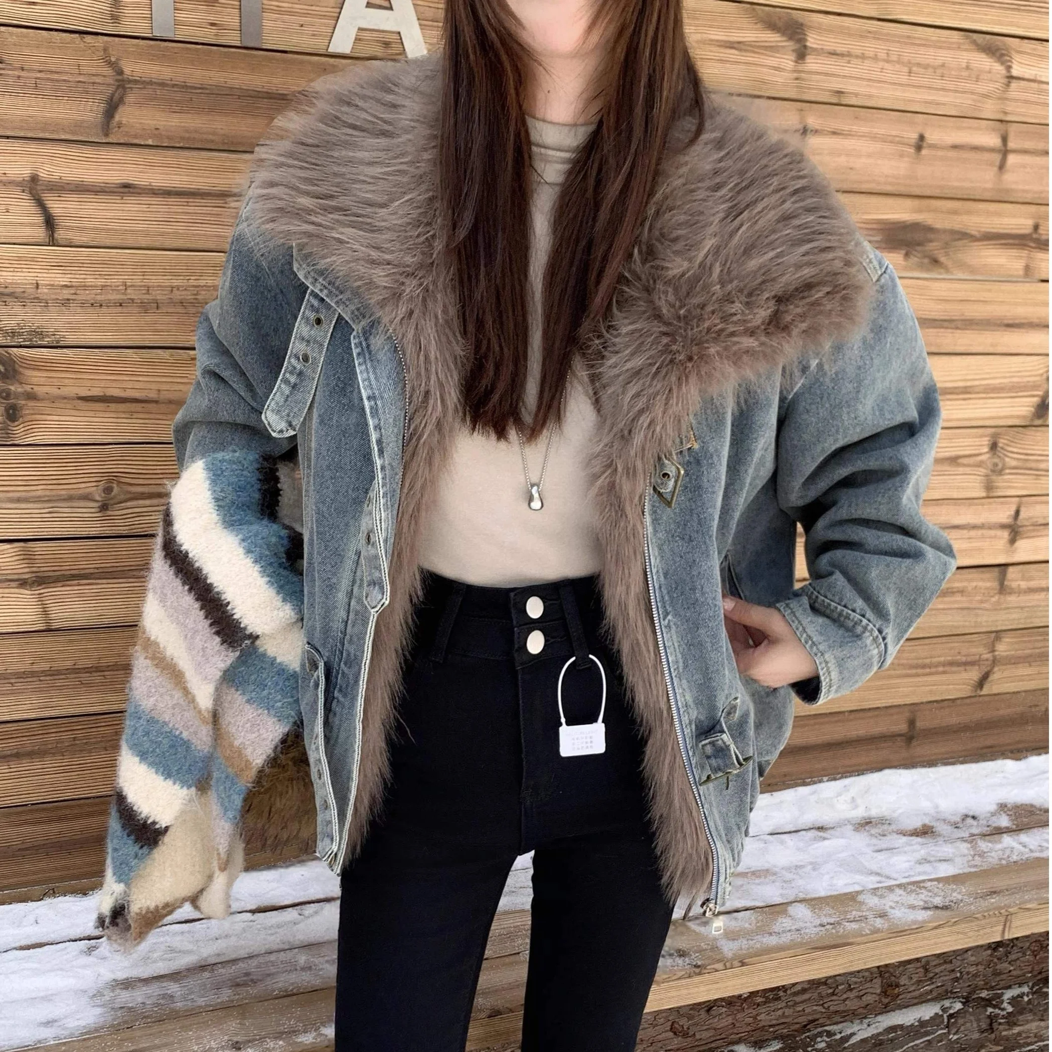 Women's Denim Jaet 2025 Autumn Winter Korean Sle Loose Versatile Warm Waed Casual Faion Fce Thiened Top