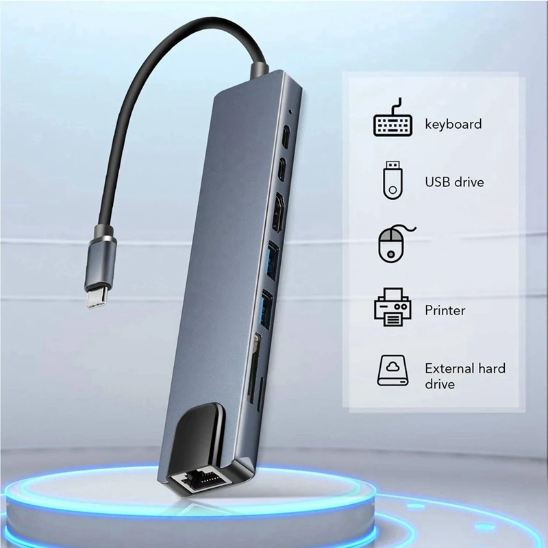 USB-C Hub With Ethernet, 4K HD, USB 3.0, SD Card Reader, 87W PD Charging High-Speed Data Transfer For Windows,Macos