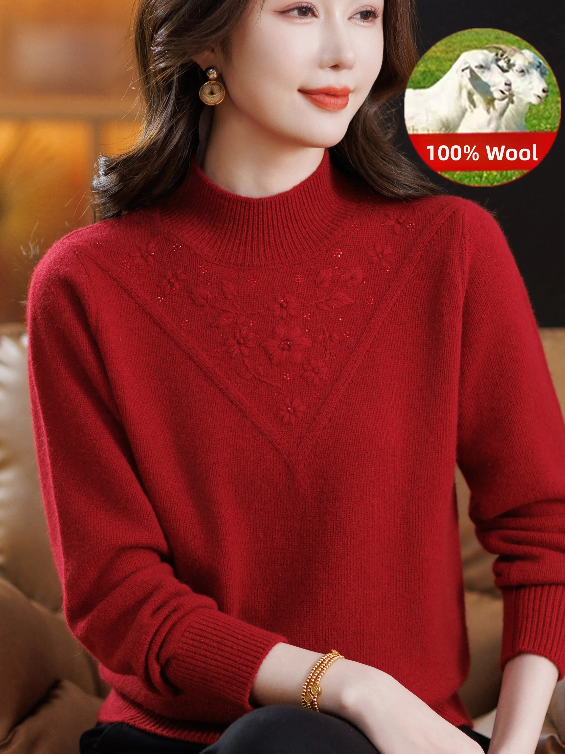 

Thickened 100 Pure Woolen Women's Knitted Sweater Mid-aged And Elderly Fashionable Embroidered Half-high Collar Base Shirt