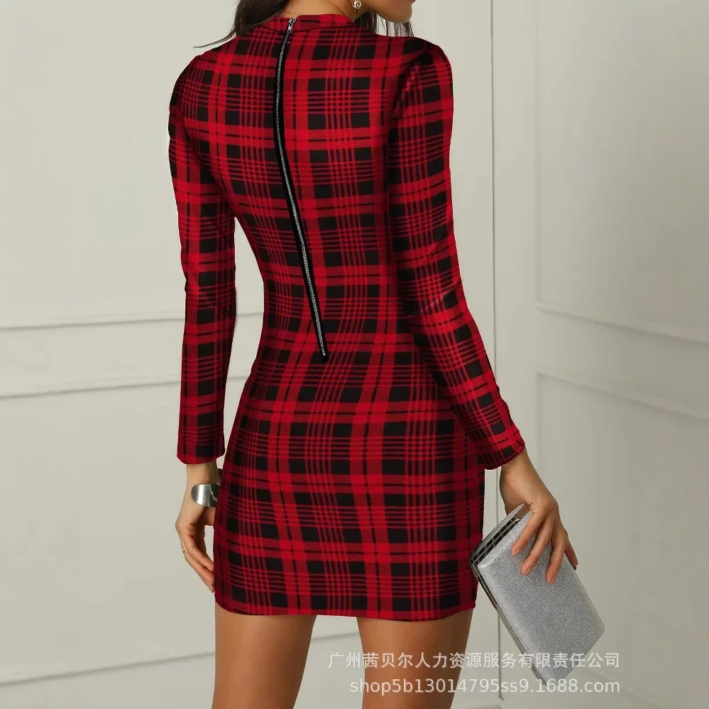 Bodycon Dress Women Plaid Dress Mid Length Dresses Print Sheath High Waist Sexy Bodycon Mock Neck Elegant Party Club Vestidos