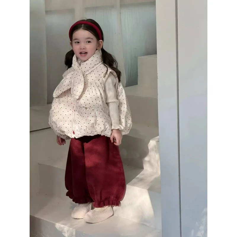 

Girls Suit25Winter Toddler Baby Retro Polka Dot Scarf Vest New Korean Style Fashionable Fleece Lantern Pants