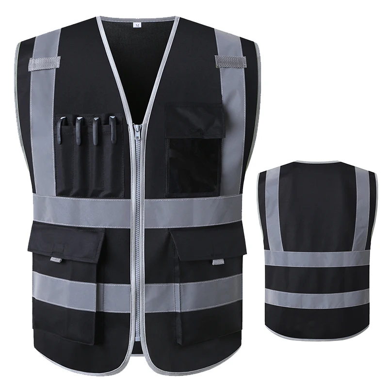 High visibility Black Safety Vest Reflective with Pockets and Zipper Construction Worker Reflective Vest Jacket