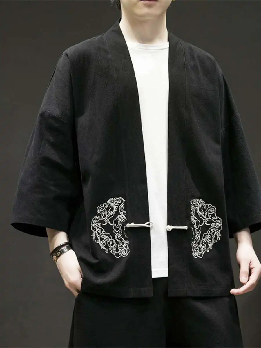 

Новый модный мужской льняной кардиган-жакет в стиле ретро, летняя даосская роба, модернизированное ханьфу, новая китайская повседневная одежда