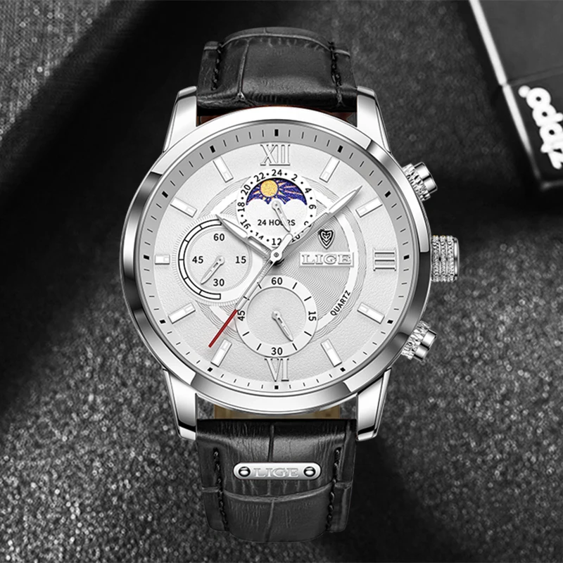 LIGE 2024 Brand New Men\'s Watches Leather Chronograph Waterproof Sports Automatic Date Quartz Watches for Men Relogio Masculino