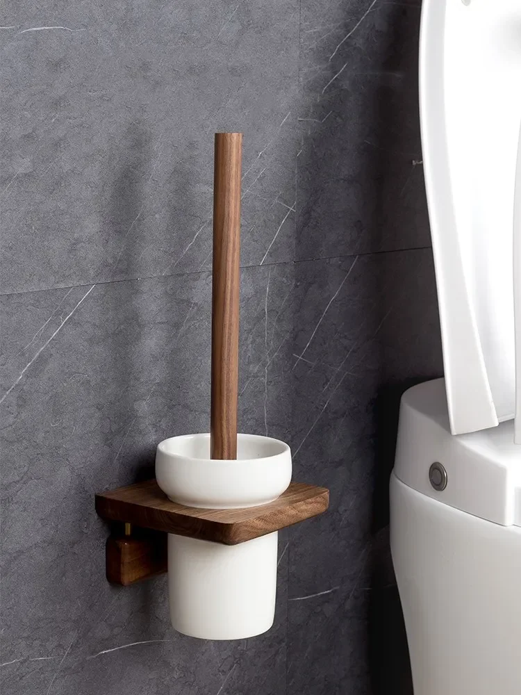 Solid Wood Toilet Brush Holder No Dead Corner Luxury Ceramic Hanging Toilet Brush Set Washing Wall Mounted Bathroom Home Tools