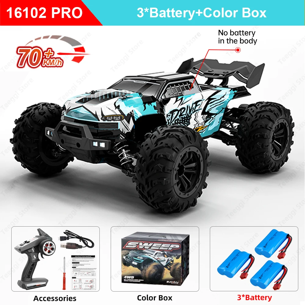 Teeggi 16101/16102 PRO 1:16 Hochgeschwindigkeits-RC-Auto mit LED-Licht Drift 70 km/h 4WD RC Off-Road-Auto Monster Truck Spielzeug für Kinder Geschenke 10