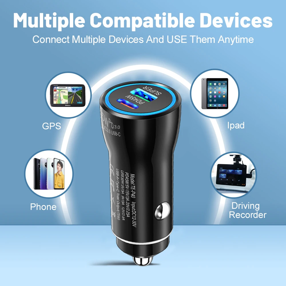 45W USB-C Black Car Charger Dual Port Type C PD Charger Fast Car Charging Power Adapter Suitable For Samsung For iPhone 17 16