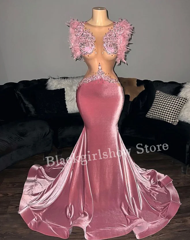 Shiny Peach Pink Long Prom Dress 2024 For Women Luxurious and Sexy Diamond Feather Velvet Dresses For Formal Occasions