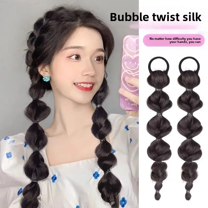 المرأة فقاعة الشعر التمديد كابل متماسكة شعر مستعار طويل Y2K الملاكمة شعر مستعار القذرة وهمية الحصان الذيل شعر مستعار من الألياف الآسيوية