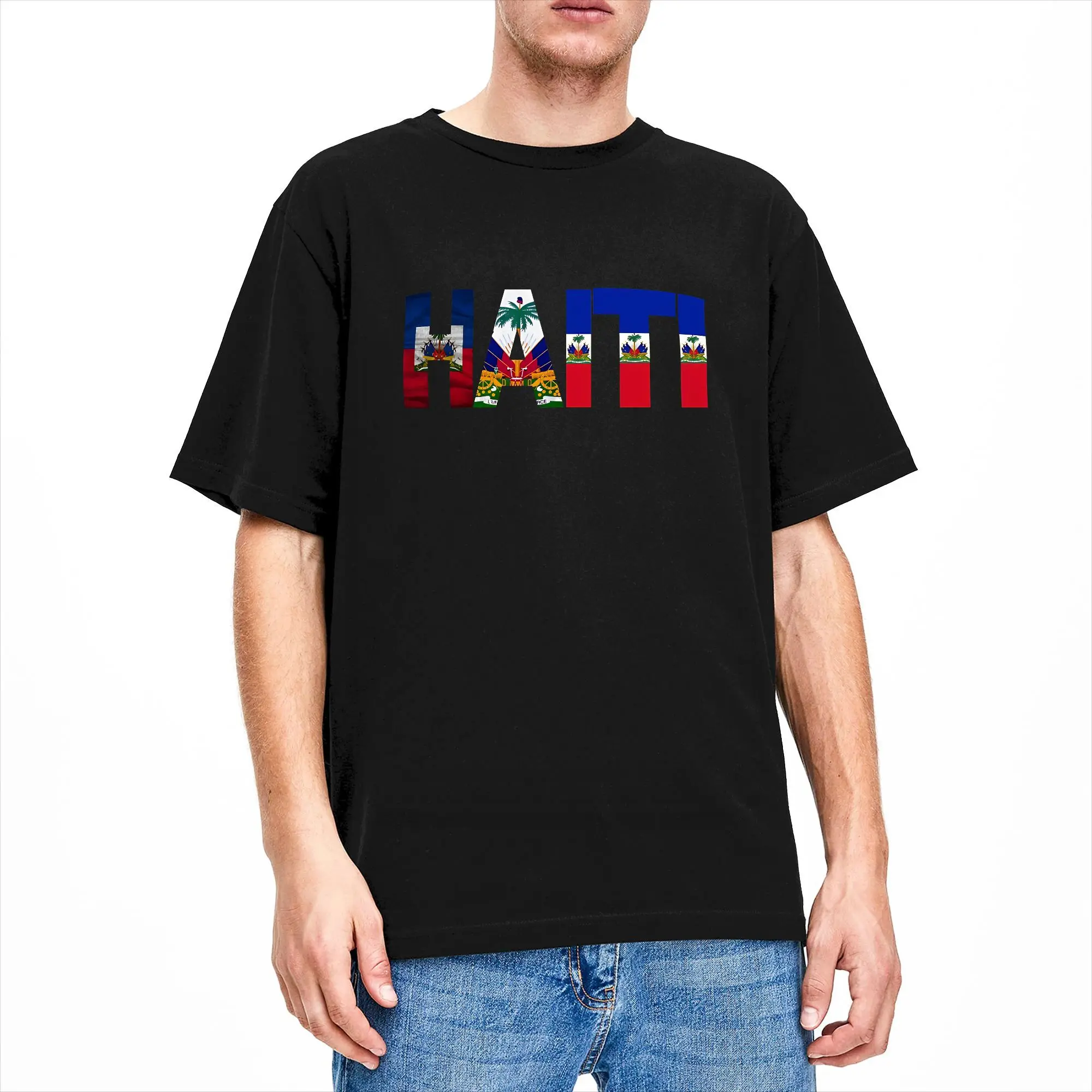 Haiti Flag Logo Pure Cotton T-Shirt For Man Summer  Y2K Fun T-Shirts O-Neck Hippie Tees Big Size Casual Tops