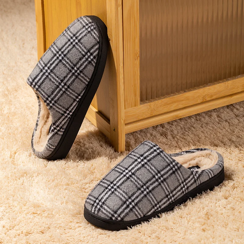 New Men\'s Striped Warm House Fleece Cozy Non-slip Plaid Cotton Mops Couples Slippers Winter Soft Indoor Bedroom Couples Shoes