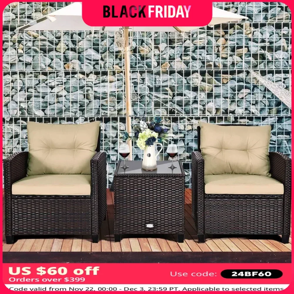 Wicker Outdoor Sofa Set w/Washable Cushion and Tempered Glass Tabletop,  Furniture for Garden Poolside Balcony，Garden Sofas