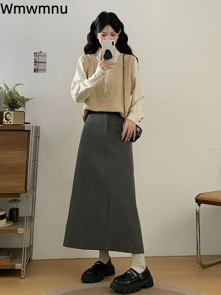 

Корейский модный вязаный комплект из 2 предметов с отложным воротником, женская повседневная элегантная прямая юбка Conjuntos, ансамбли с высокой талией