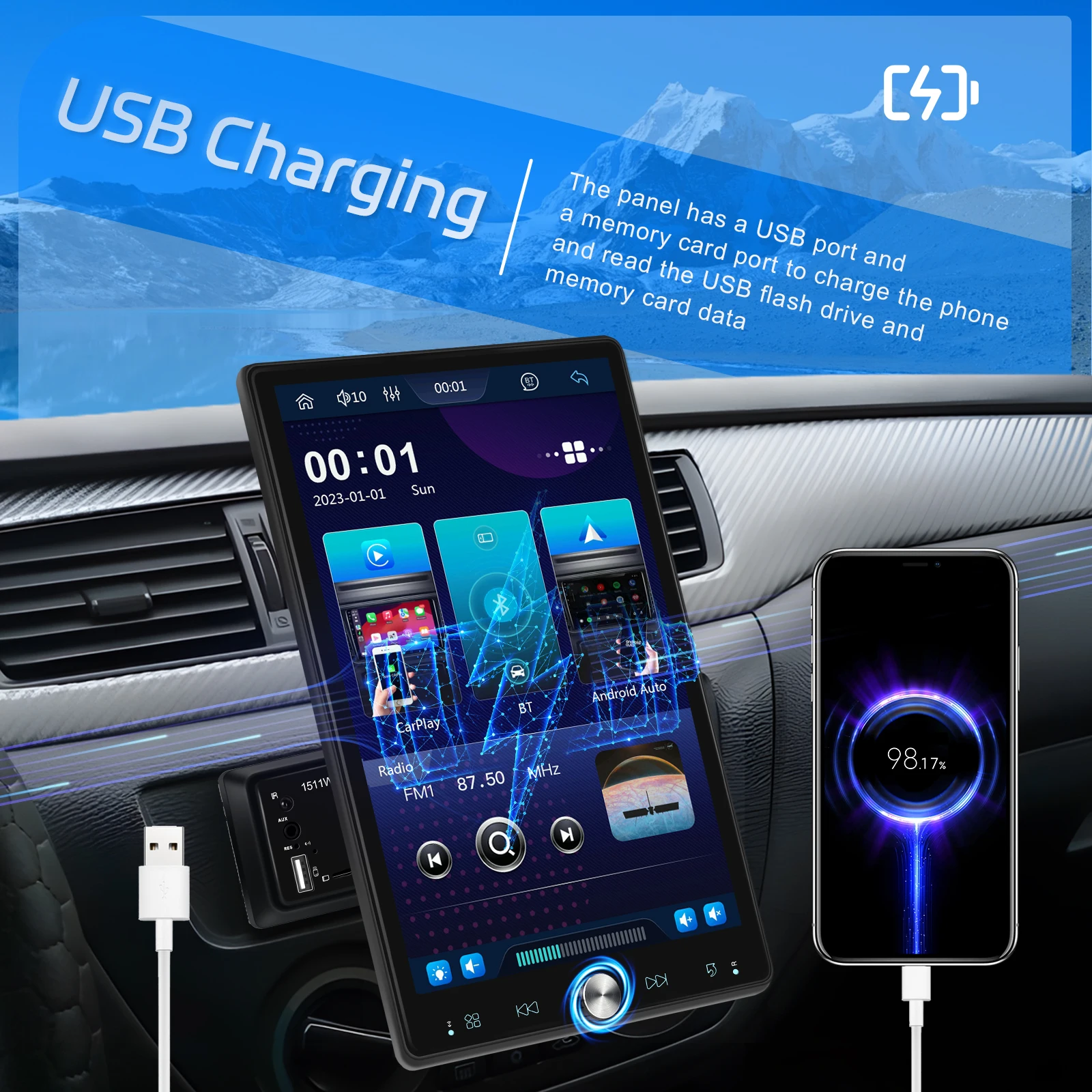 Podofo 10,4'' Manuell Schwenkbares 1DIN Autoradio Kabelloses Carplay Android Auto Multimedia-Player Spiegelverbindung BT FM/RDS Radio EQ – Detail 7