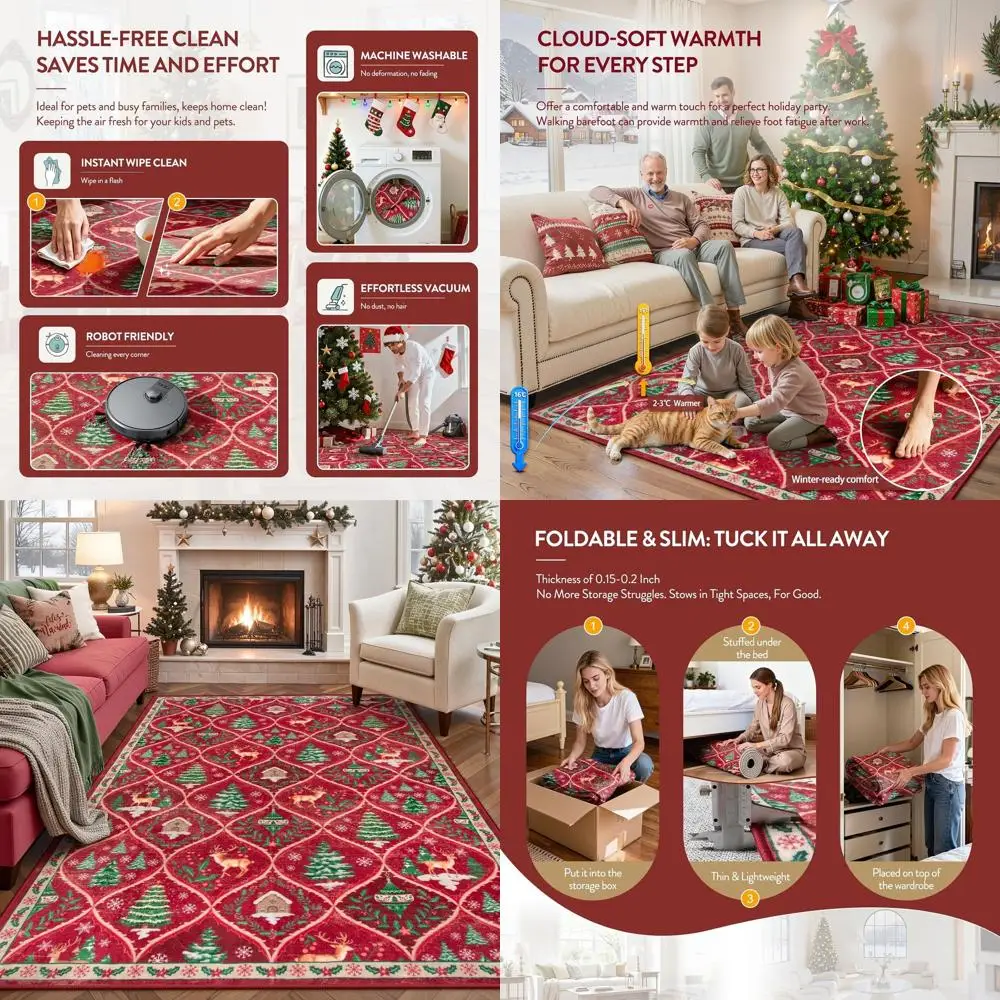 

5x7 Large Red Christmas Reindeer Rug, Soft and Stain-Resistant, Ideal for Living Room, Bedroom, and Dining Area Under Table