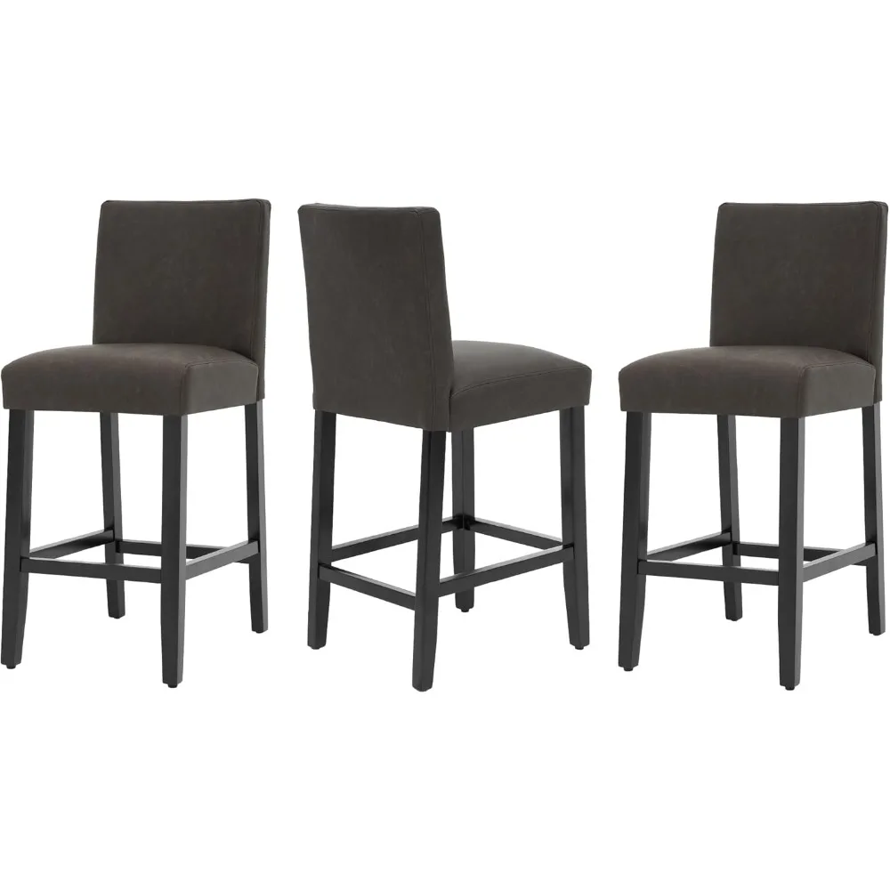 

26'' Faux Leather Bar Stools Set of 3, Modern Upholstered Bar Height Bar Chairs, Soild Wood Legs Barstools with Back