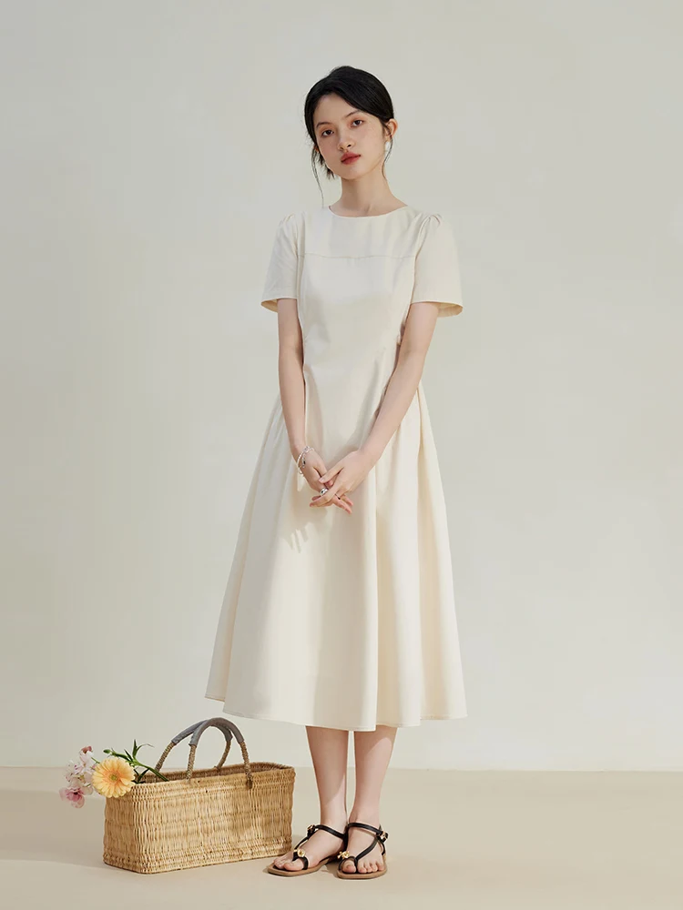 ZIQIAO 100% Cotton Solid Temperament Long Dress Office Lady Pleated Design Beige Short Sleeve High Waist Mid-Calf A-LINE Skirts