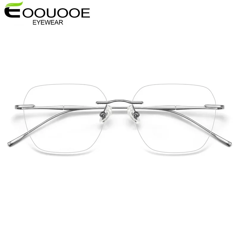 EOOUOOE Pure Titanium Glasses Prescription Rimless Eyeglasses Big Face Optics Glasses Frame Mem Eyewear Women