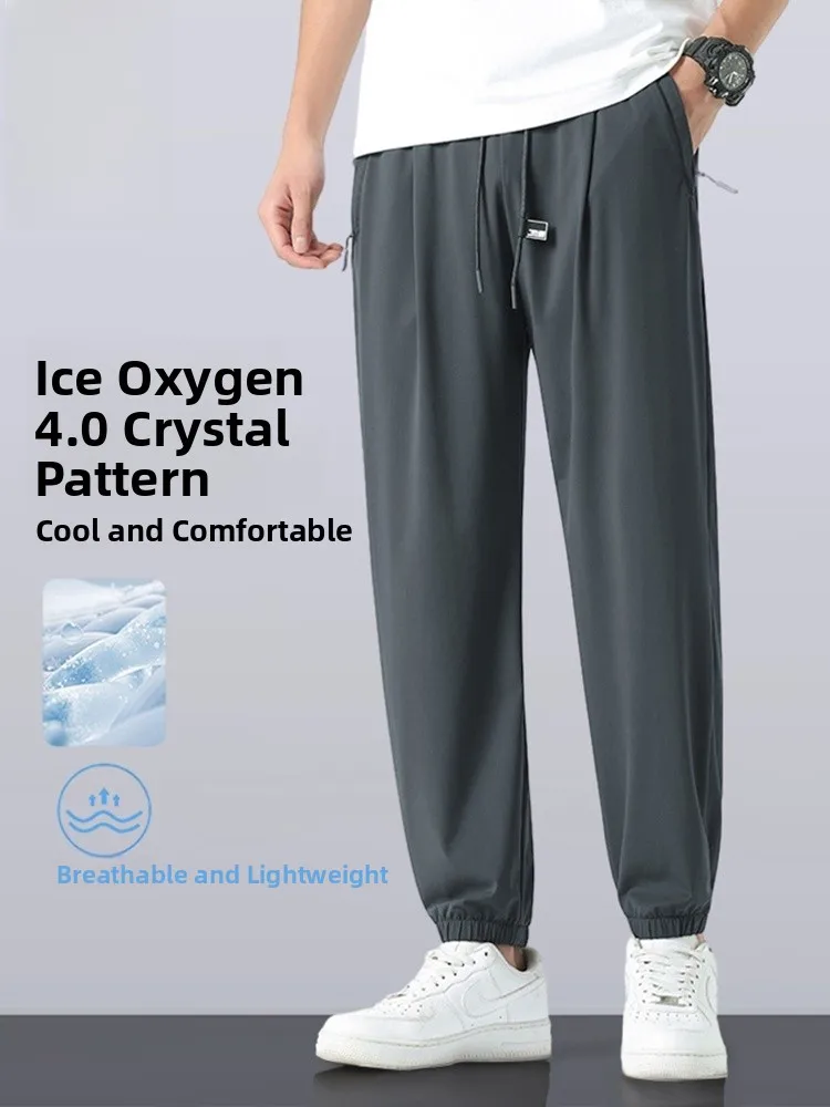 

Мужские спортивные брюки из ледяного шелка: эластичные, повседневные, свободного кроя, летние, быстросохнущие, молодежные, длинные