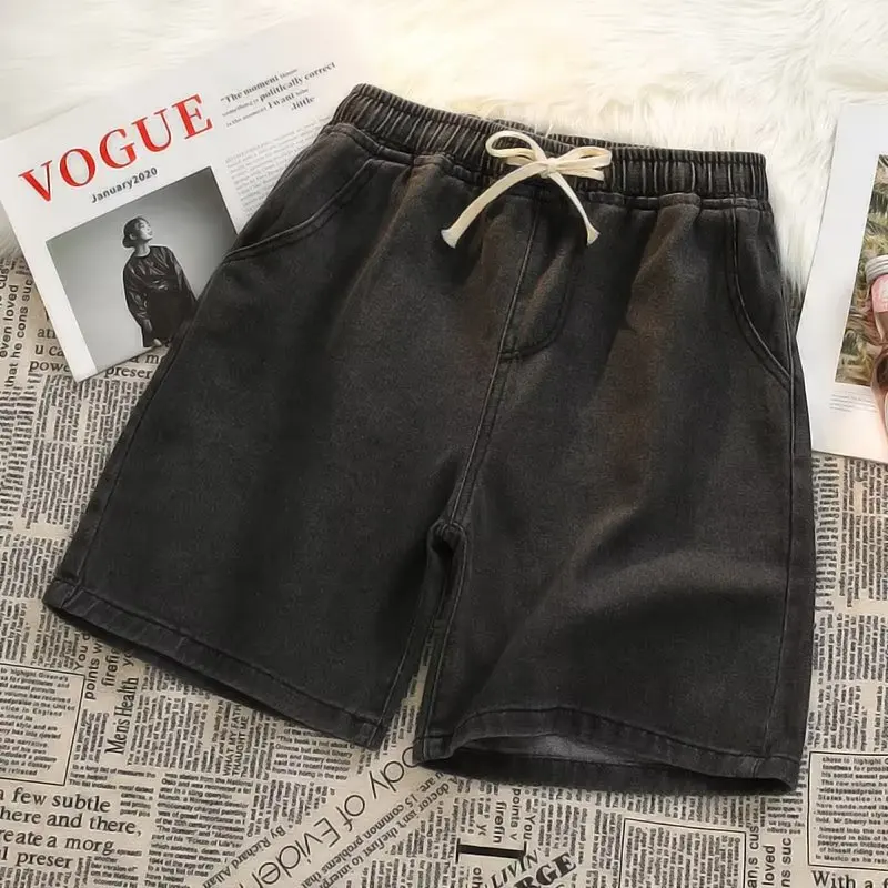 Versátil azul cintura alta cordão denim shorts das mulheres dos homens unisex verão solto casual cintura elástica shorts de perna larga