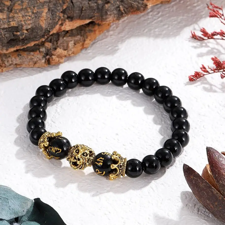 Classic Bright Black Obsidian Stone Bracelet for Men Ethnic Runes Carved Beads Crown Lion Head Beaded Bracelets Jewelry Gift