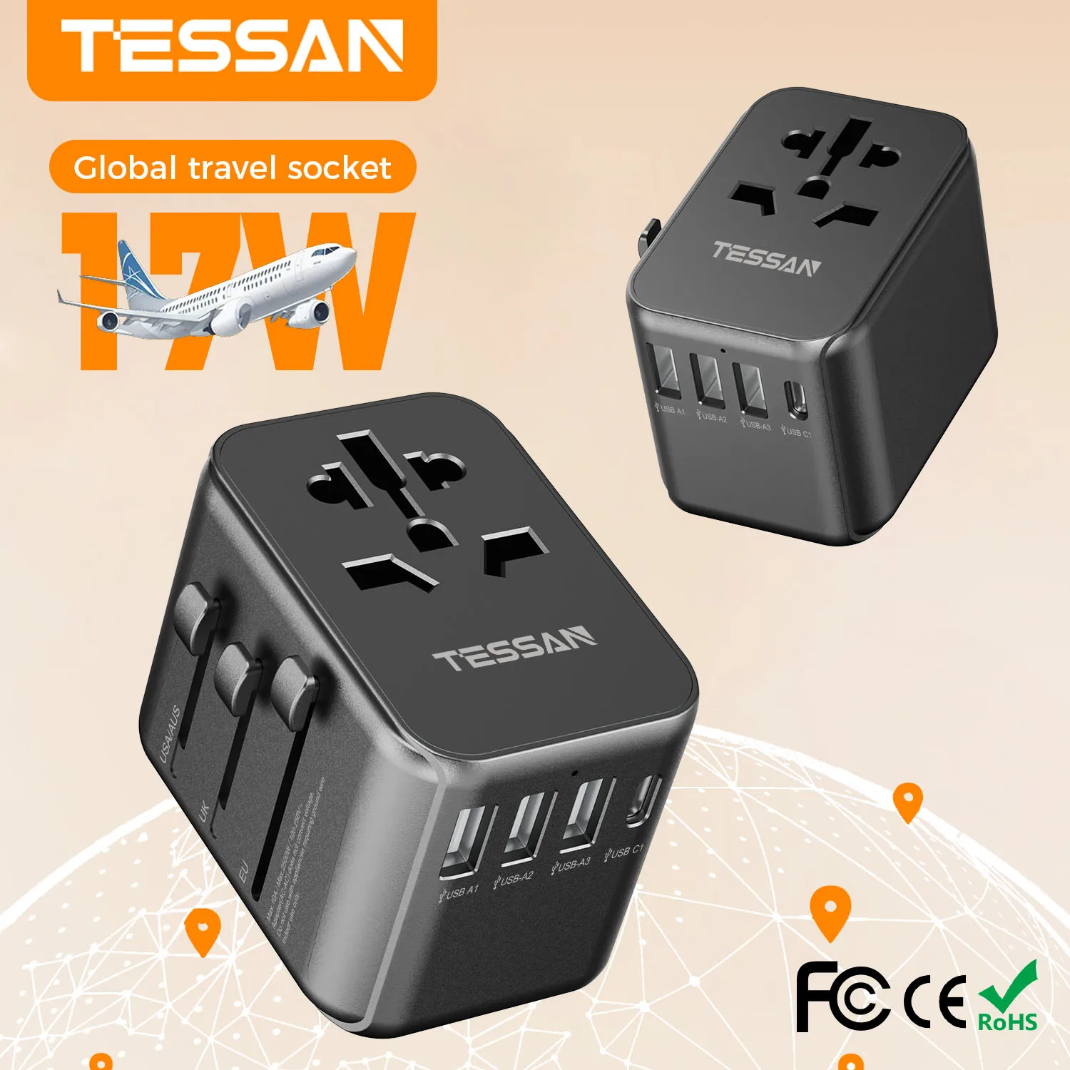 Adattatore da viaggio universale TESSAN GaN da 17 W con 3 USB e 1 tipo C, adattatore per presa internazionale Caricabatterie rapido per USA EU UK AUS Travel