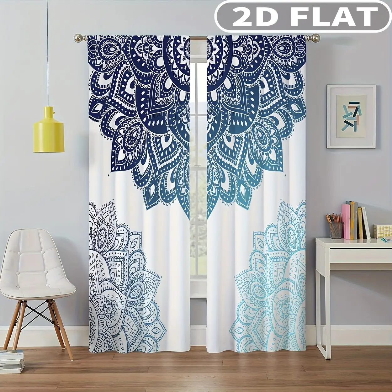 

2D FLAT 2pcs Curtains Mandala Pattern Blue White Design Perfect for Balcony, Bedroom, Living Room, Suitable for 4 Seasons