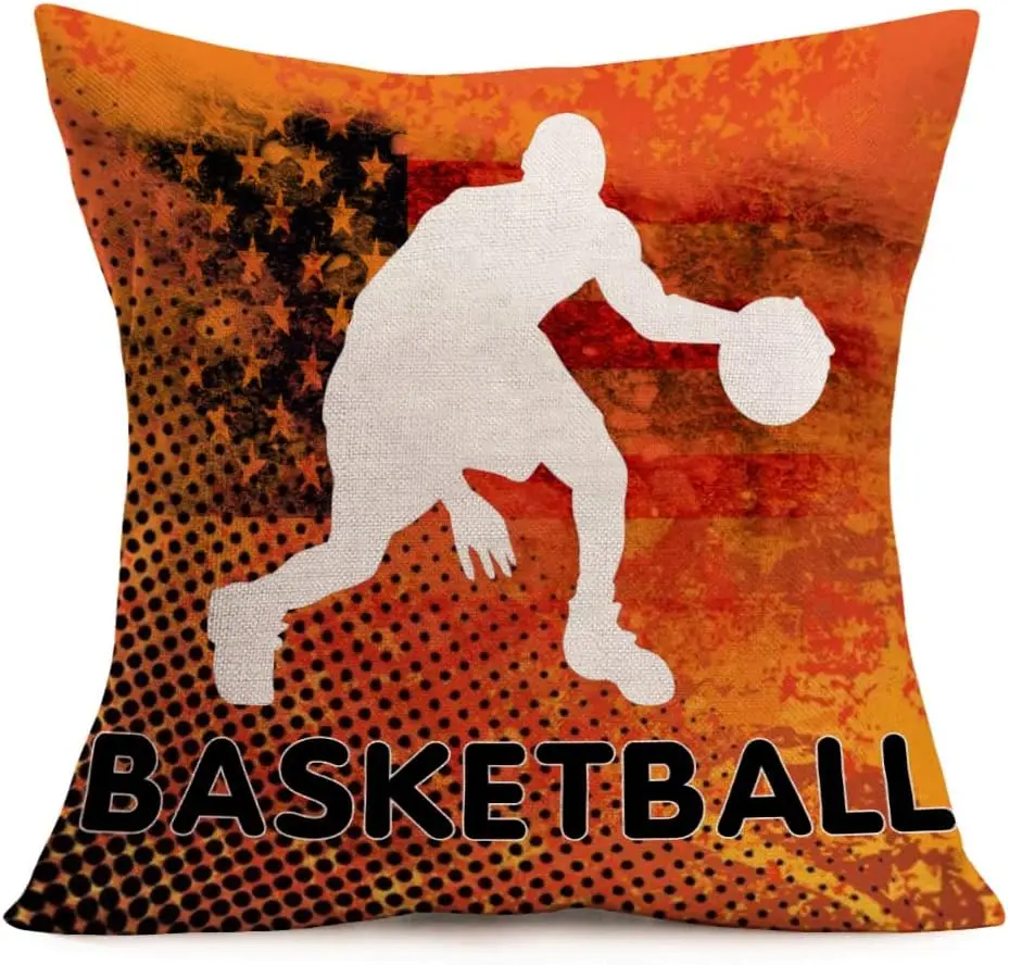 Outdoor Ball Sports Basketball Linen Square Pillow Cover Vintage Ornament Cushion Cover Home Decoration Pillowcase