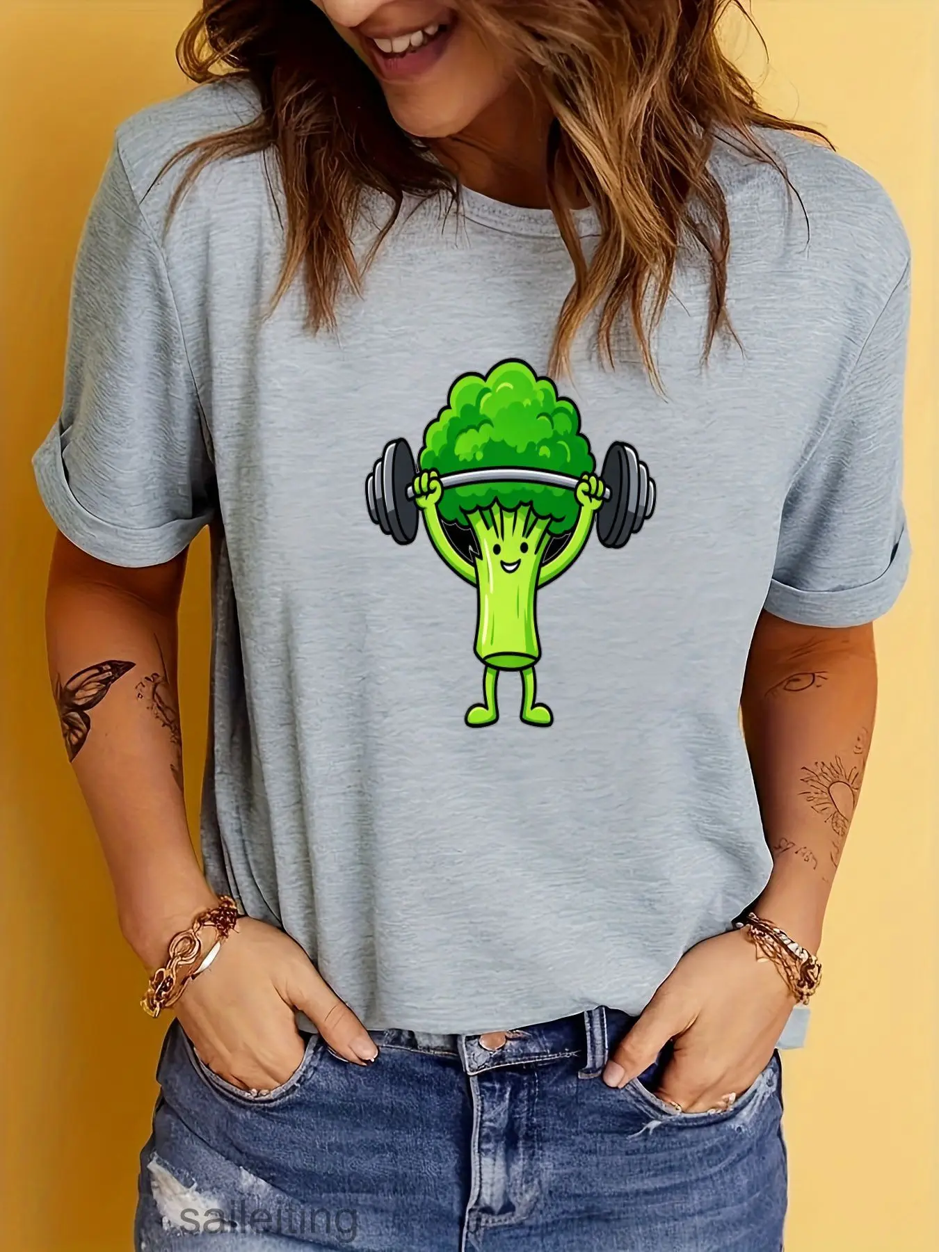 Funny Broccoli Weightlifting T-Shirt for Men Women, Cute Cartoon Veggie Gym Lifter Graphic Tee, Soft Short Sleeve Casual Summ
