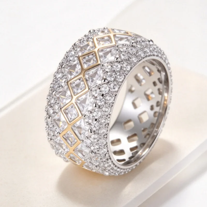 European and American Heavy Industries Wide Edition Ring Color Contrasting Ladder Square Zircon Attends Banquet Accessories