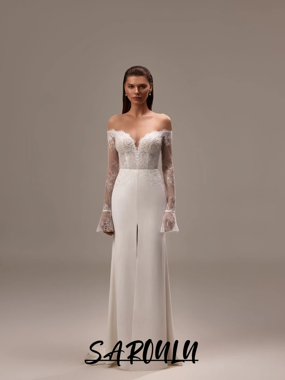 

Sexy Off-the-Shoulder Lace Long Sleeve Wedding Dress Mermaid Satin Bridal Gown With Slit Train Elegant Charming Bride Wear