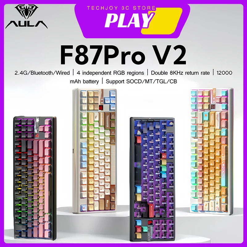 

AULA F87ProV2 Wireless Mechanical Keyboard 3-mode Customized Bluetooth 4-zone RGB 12000mAh Hot Swap Gaming Keyboard Laptop Gifts