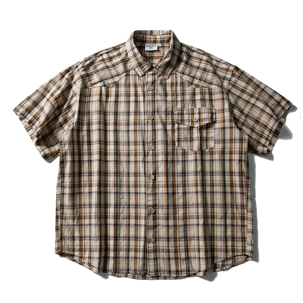 

Pure Cotton Plaid Tooling Short Sleeve Shirt Men's Japanese Streetwear Cityboy Retro Loose Casual Cargo Shirts Blouses