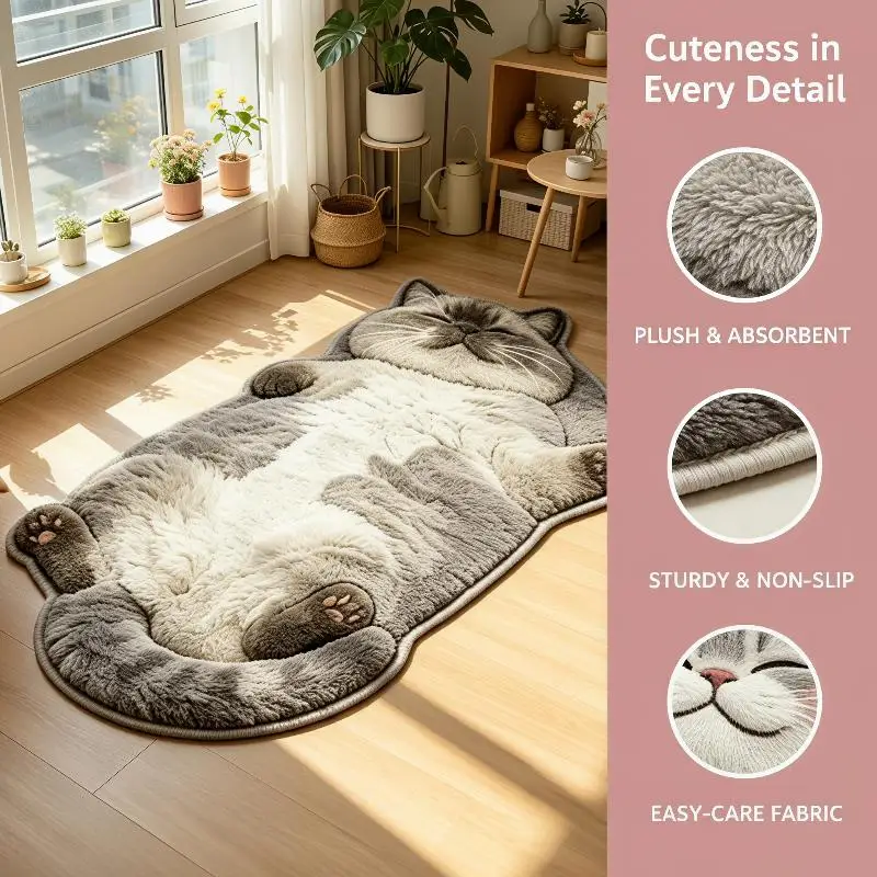 Adorable Cat Pattern Area Rug Non-Slip Low Pile 1PC Floor Carpet for Living Room Bedroom Home Decor