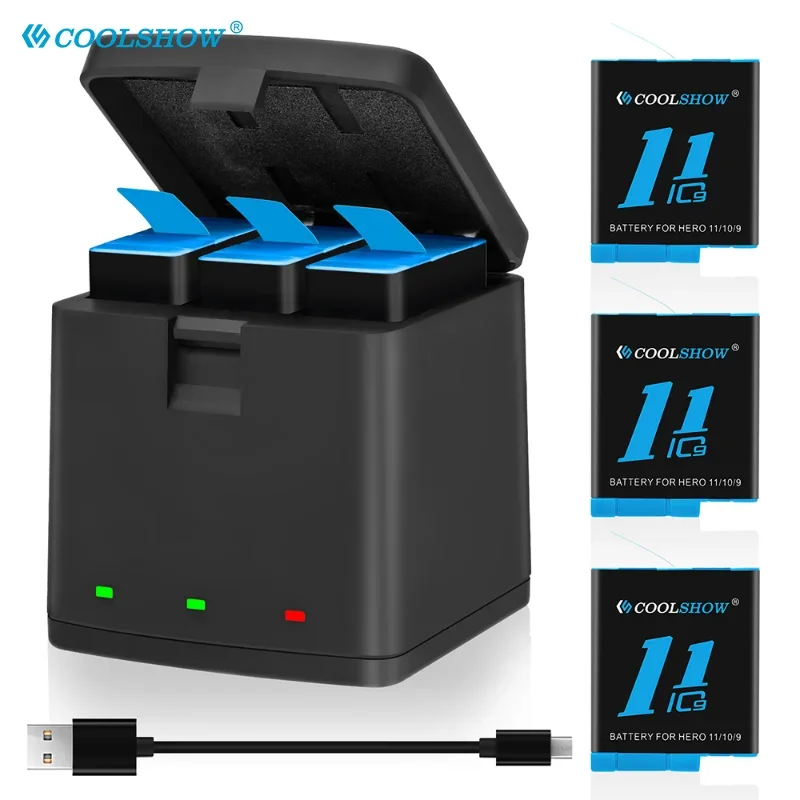 COOLSHOW Аккумулятор  для Gopro Hero 11, 10, 9, черный, 1800 мАч, для камеры go pro hero 11, hero 10, hero 9, аккумуляторы, зарядное устройство, аксессуары