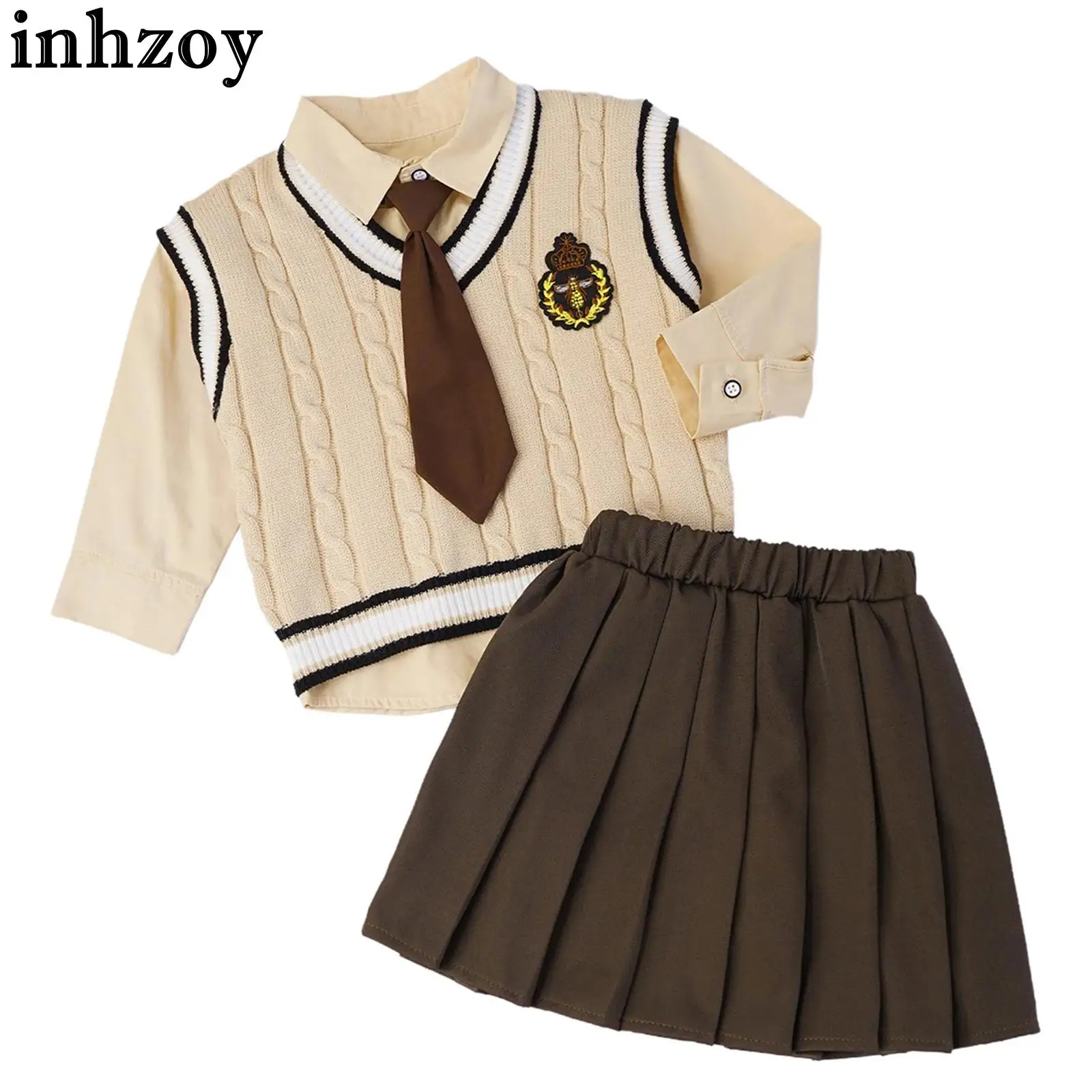 سترة متماسكة على طراز Preppy للأطفال الصغار مع ربطة عنق قميص وخصر مطاطي أو تنورة لربيع الخريف