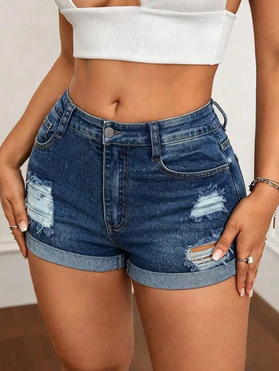 

Womens Distressed Stretch Denim Shorts With Drawstring Waist